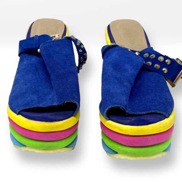 00s MDH Vintage Blue Yellow Platform Espadrille Wedge Heels - Picture 9 of 11